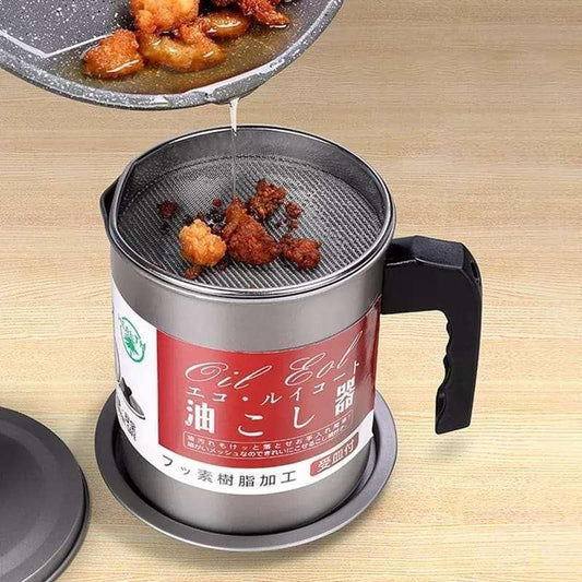 Stainless Steel Oil Filter Pot 1.4L — Kitchen Oil Strainer Grease Container with Mesh Lid and Non-Slip Grip