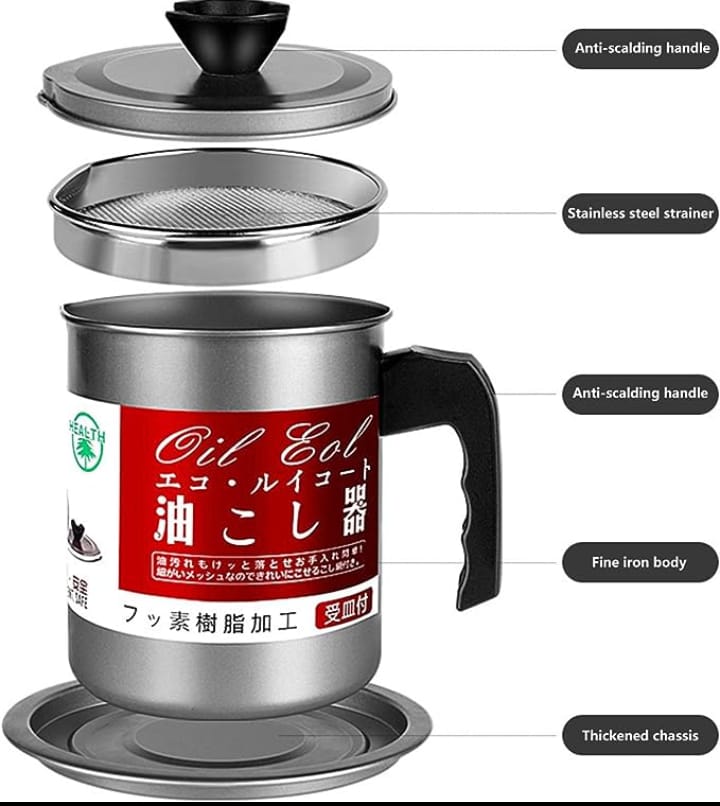 Stainless Steel Oil Filter Pot 1.4L — Kitchen Oil Strainer Grease Container with Mesh Lid and Non-Slip Grip